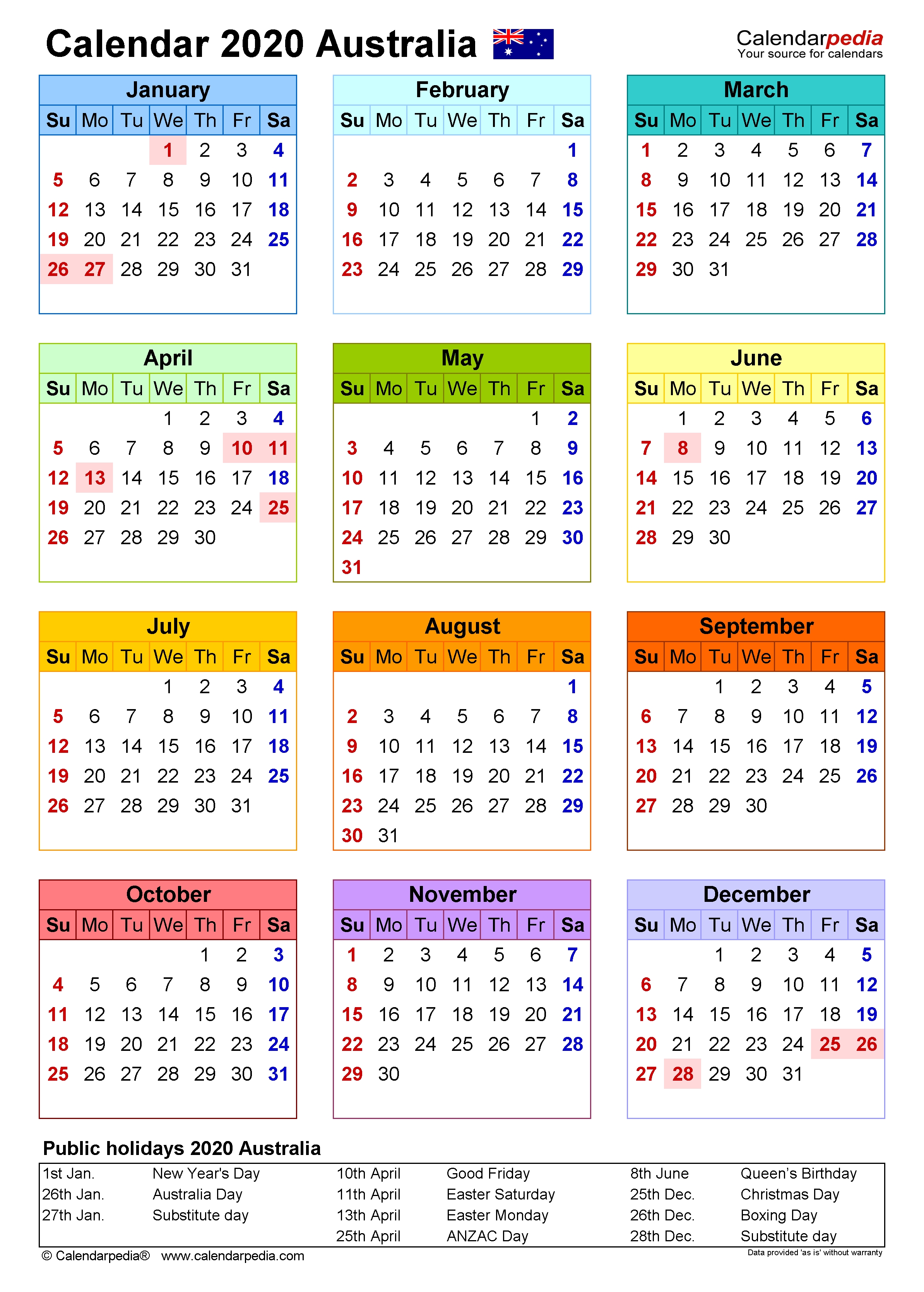 Australia Calendar 2020 - Free Printable Pdf Templates