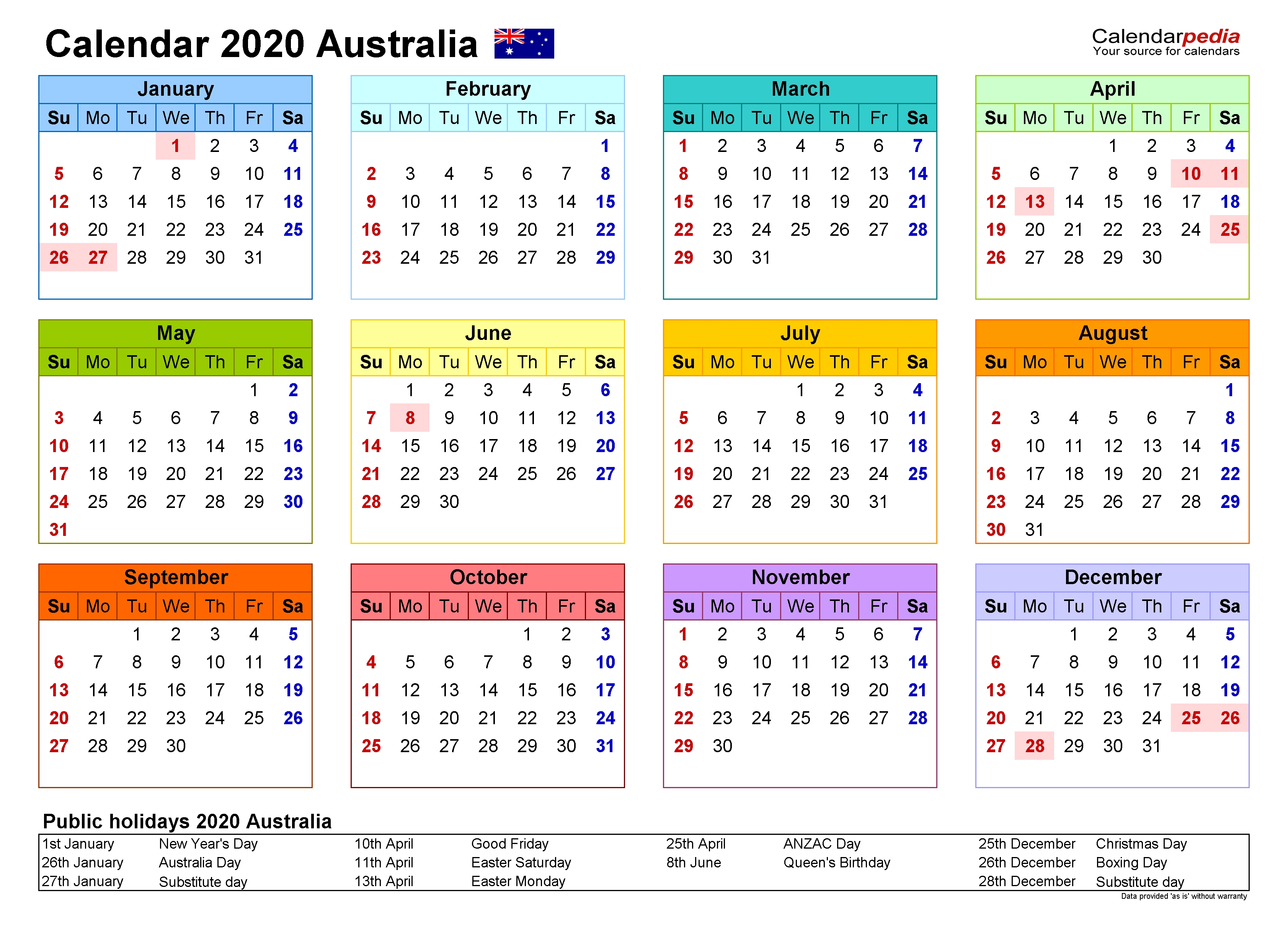 Australia Calendar 2020 - Free Printable Pdf Templates