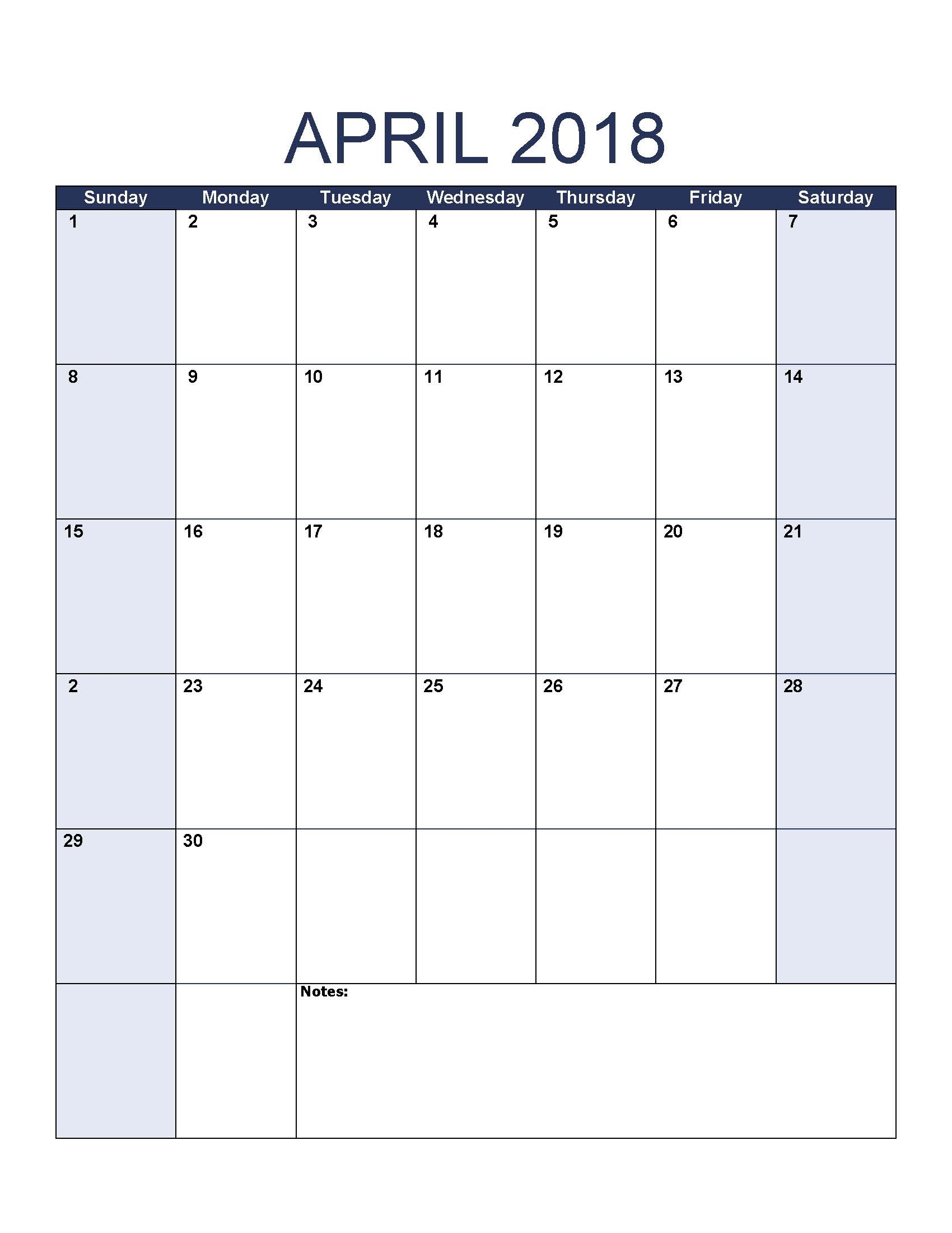 Blank April 2018 Calendar To Print