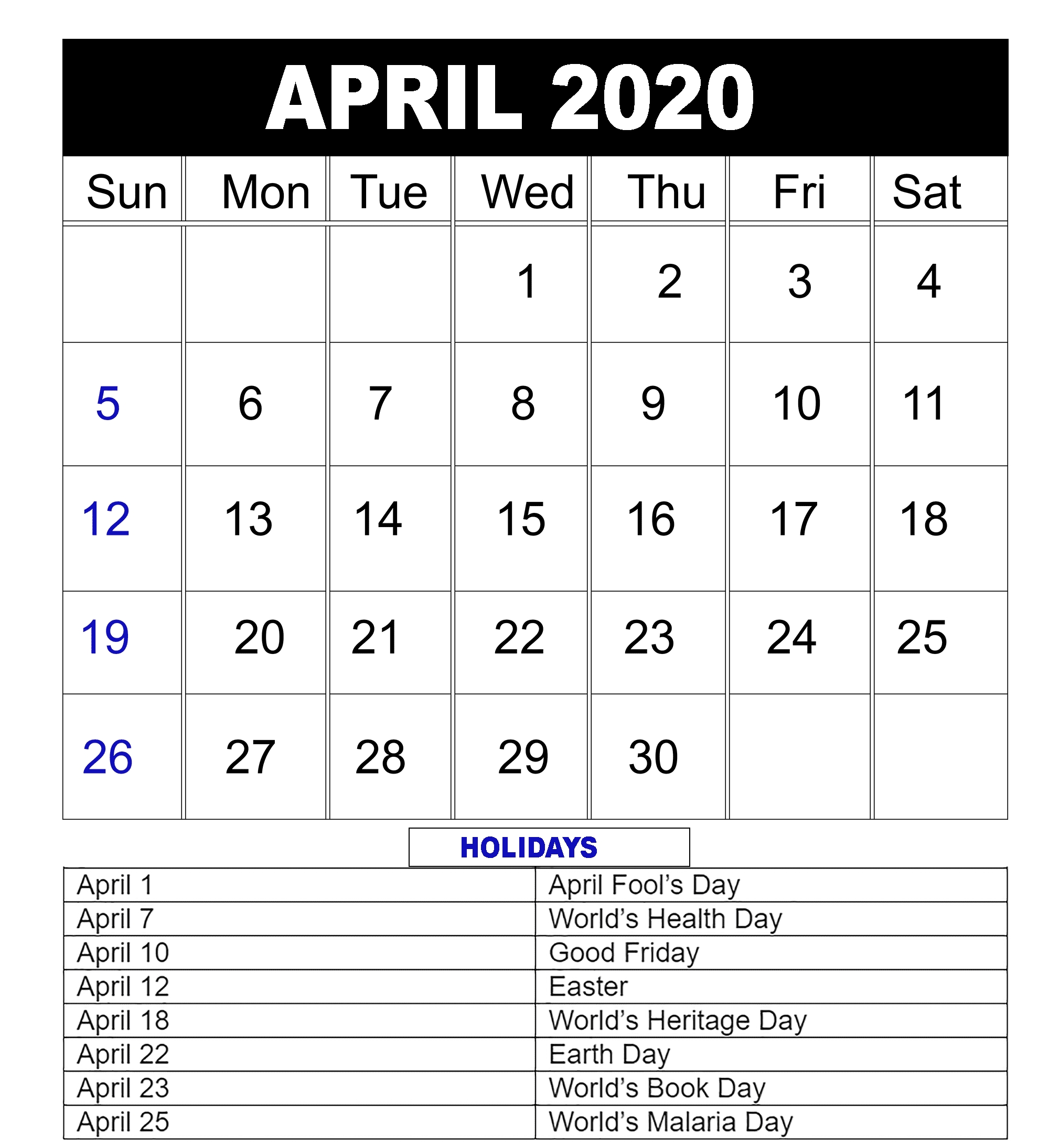 Blank April 2020 Calendar Editable Printable Template