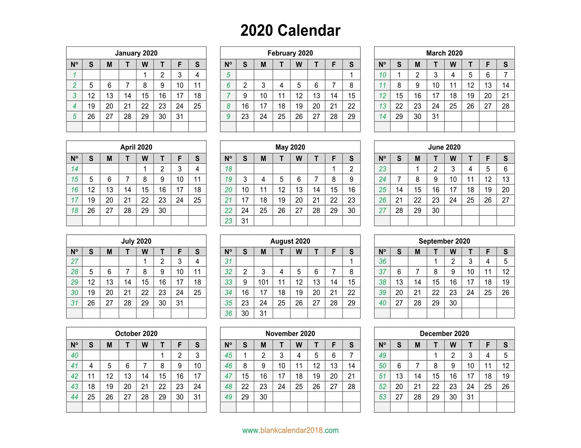 Blank Calendar 2020