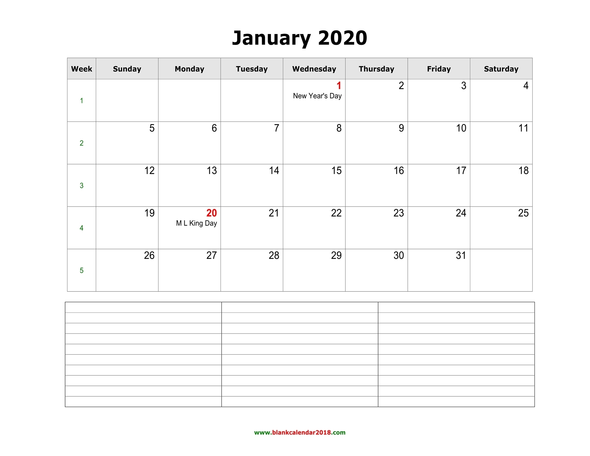 Blank Calendar 2020