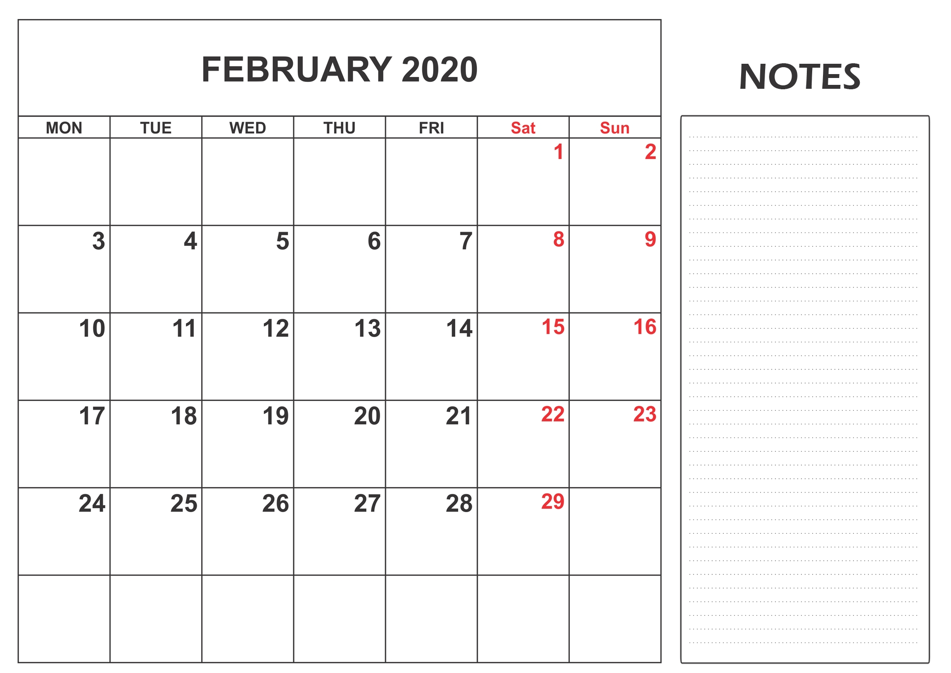 Blank Calendar February 2020 With Notes Monthly - Set Your