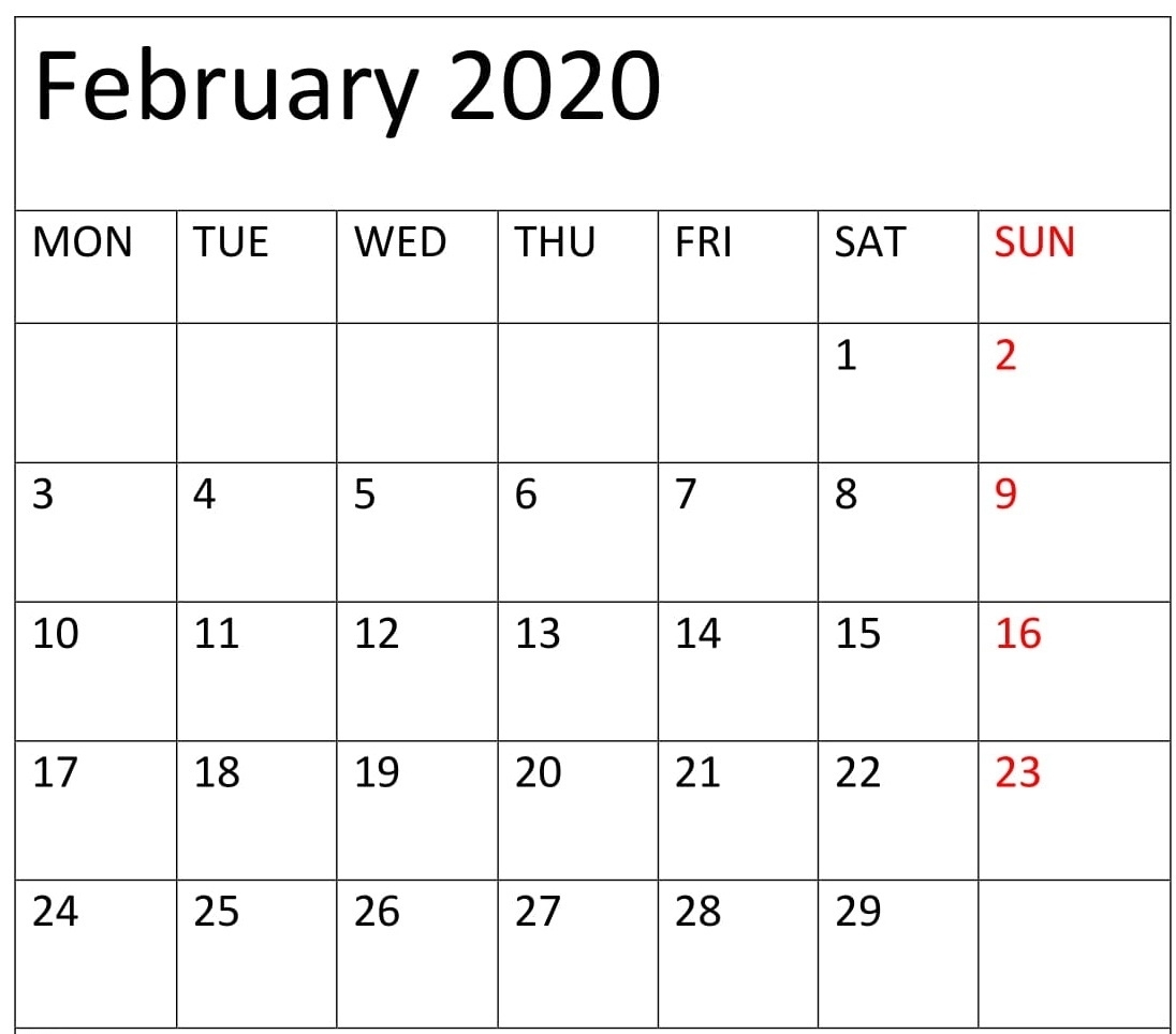 Blank February 2020 Calendar Excel, Word Template - Latest