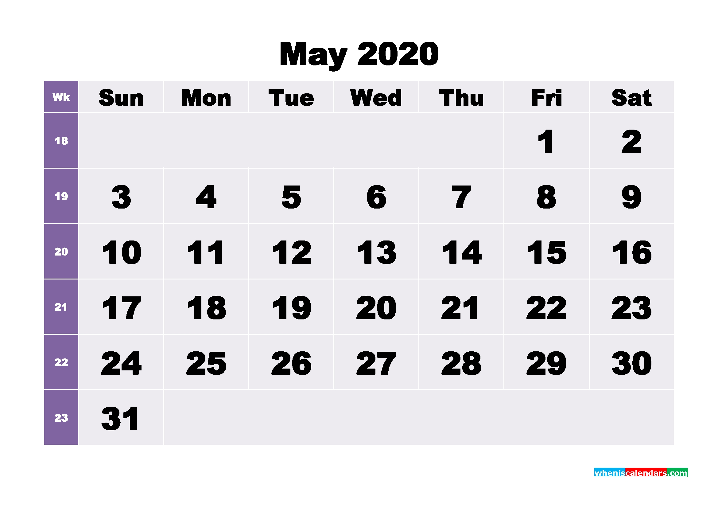 Blank May 2020 Calendar Printable – No.m20B269 – Free