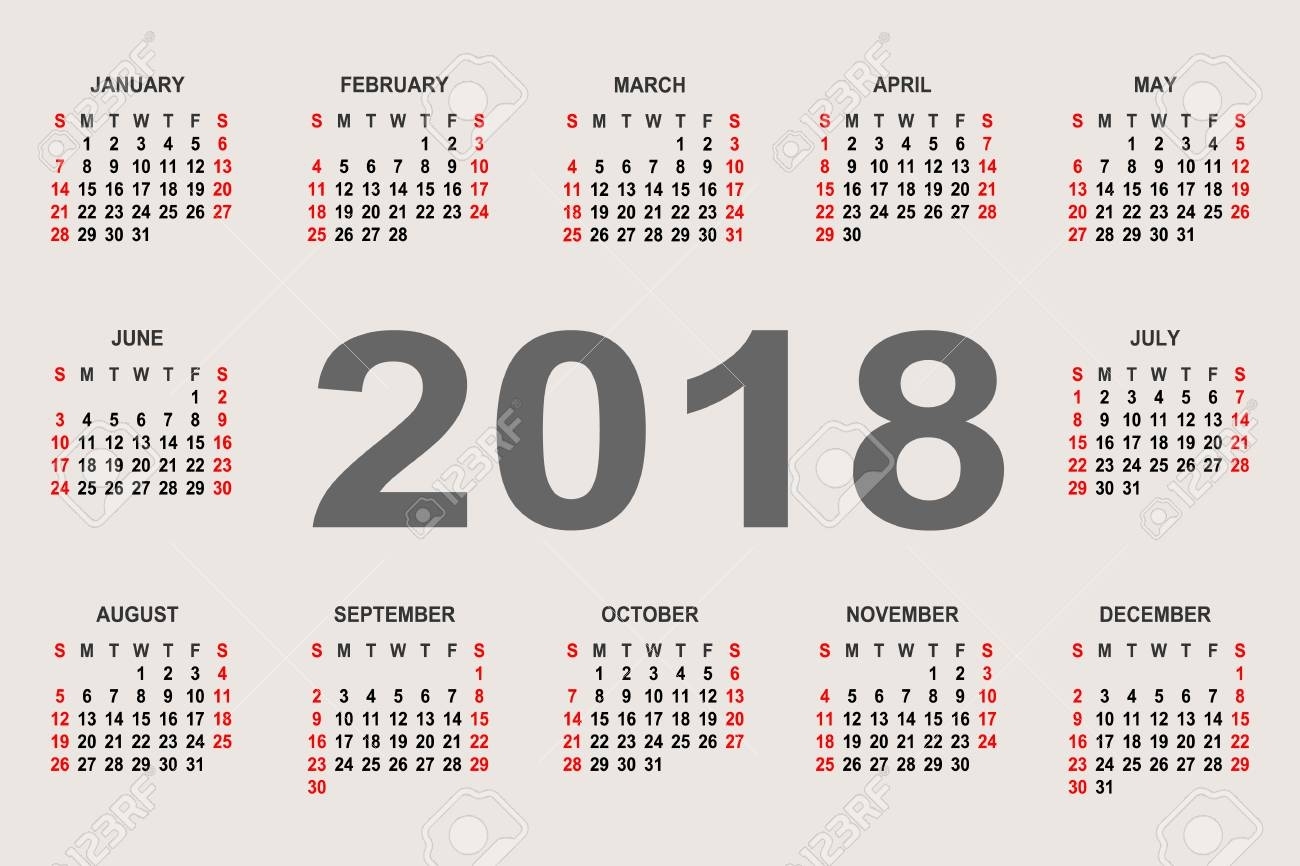 Calendar 2018 Year Vector Design Template. The Week Starts On..