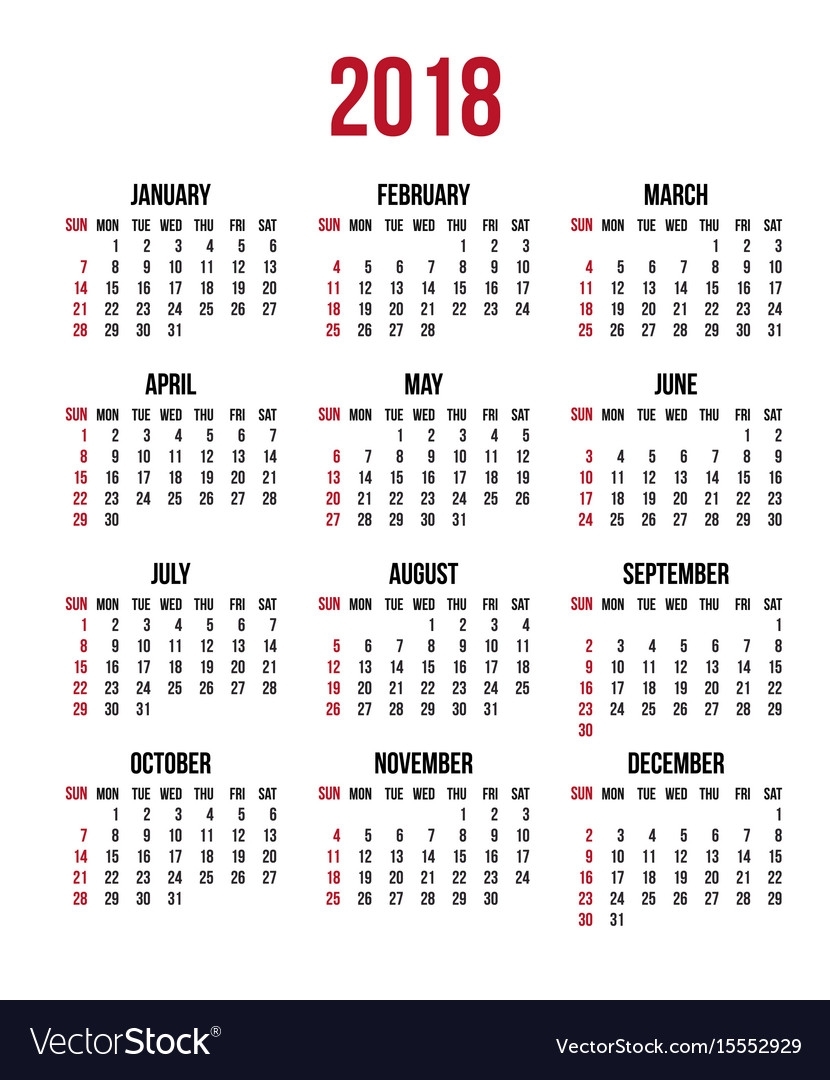 Calendar 2018 Year Week Starts Sunday Us