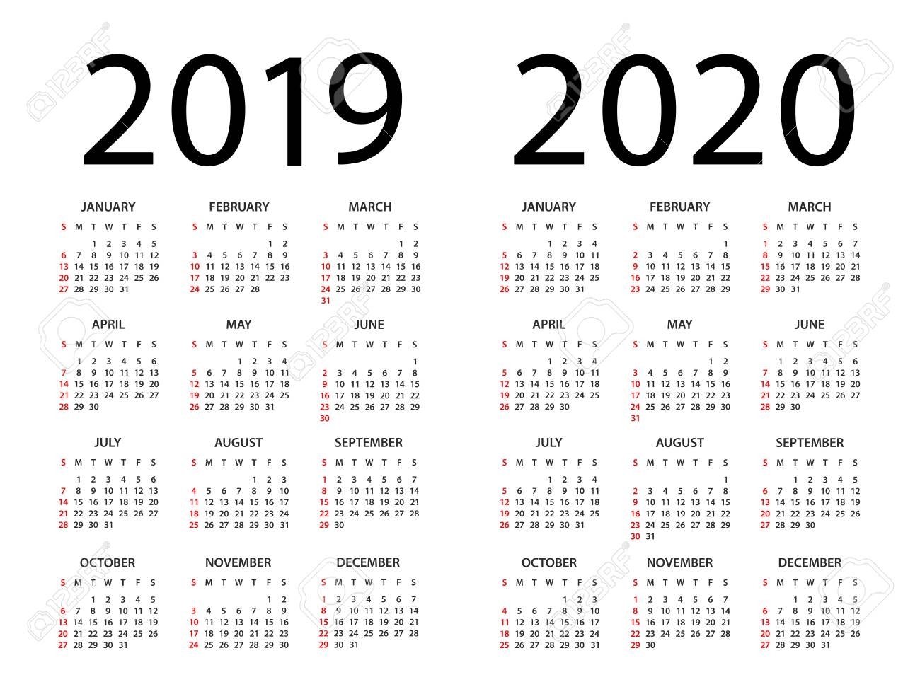 Calendar 2019 2020 Year - Vector Illustration. Week Starts On..