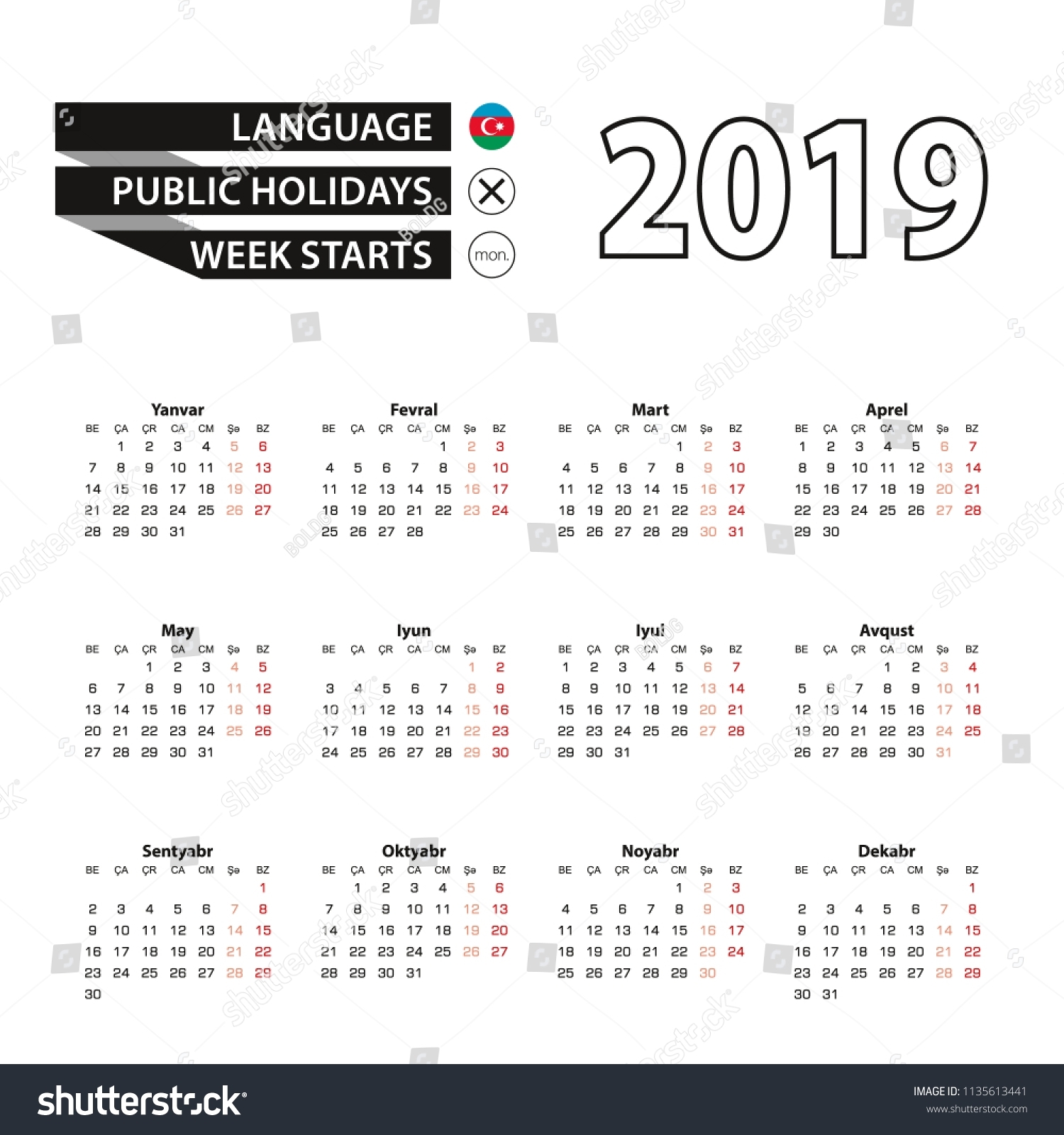 Calendar 2019 Azerbaijani Language Week Starts Stock Vector