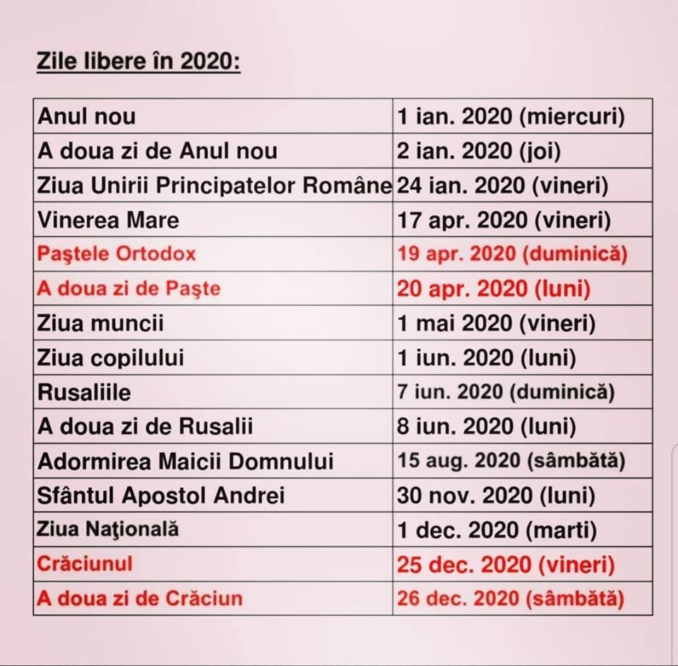 Calendar 2020 Cu Sarbatori Legale Romania - Zile Libere 2020