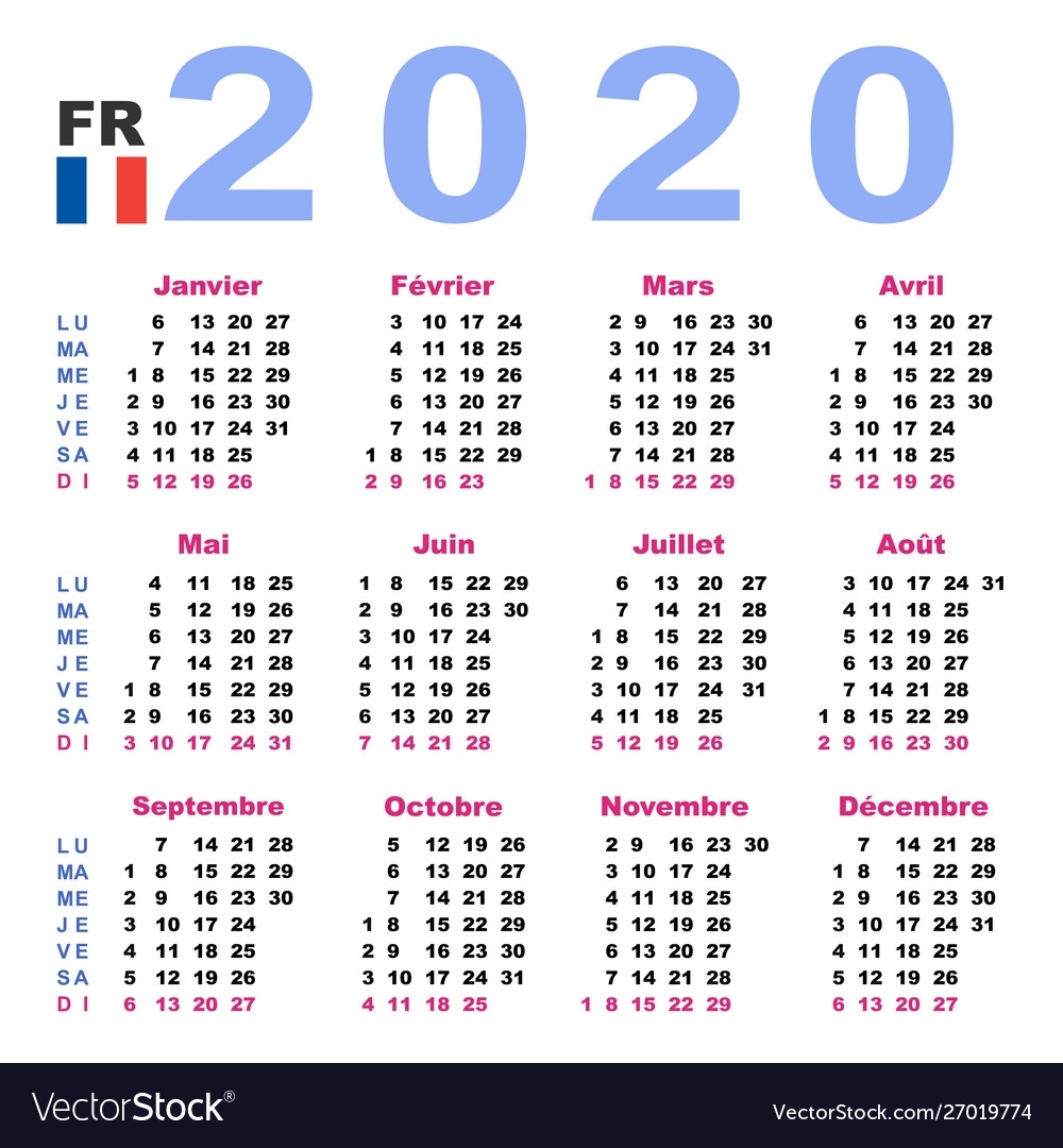 Calendar 2020 In French Horizontal Week Starts