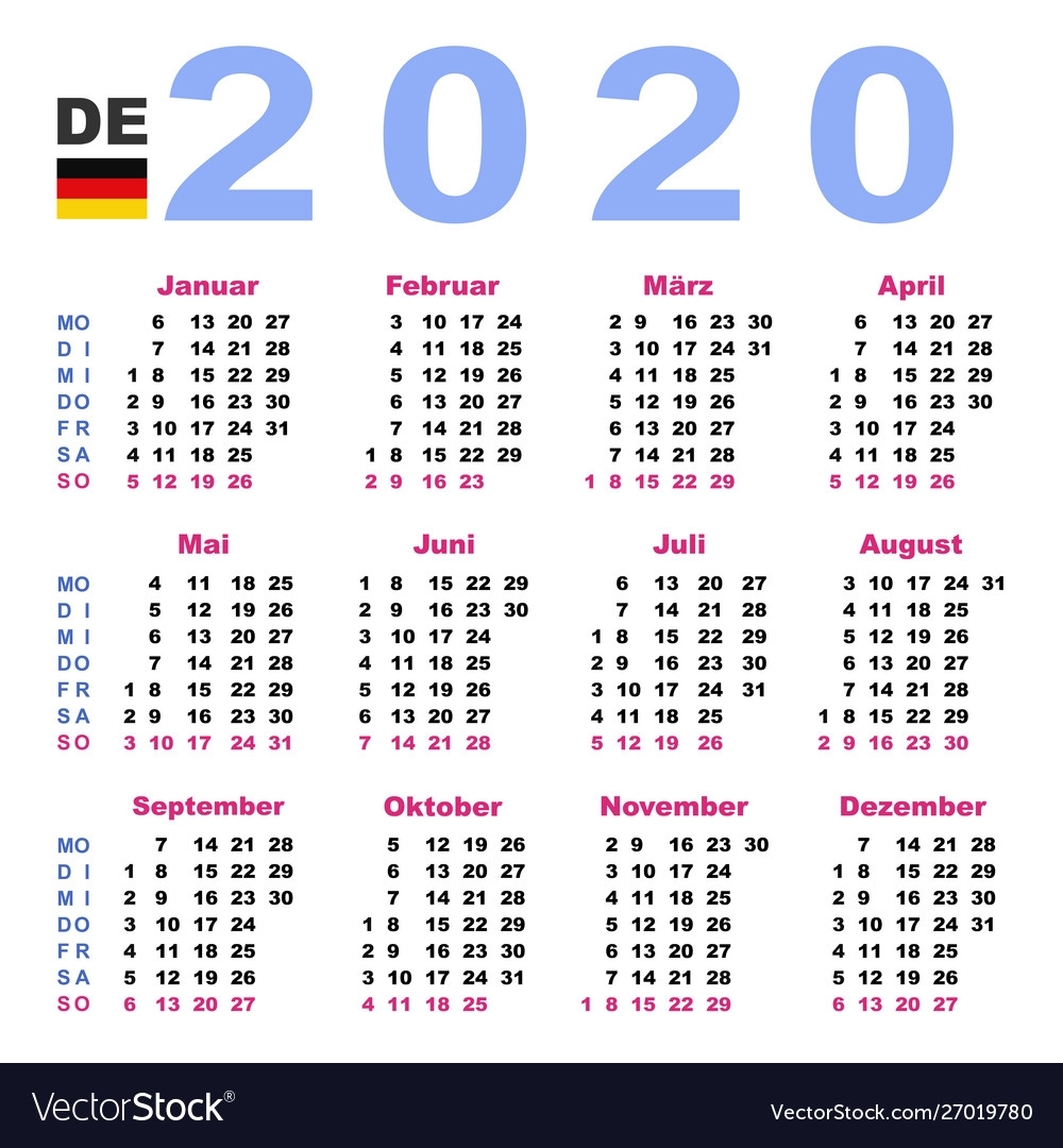 Calendar 2020 In German Horizontal Week Starts