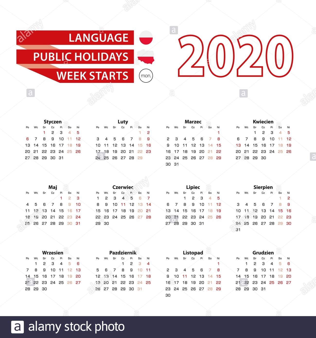 Calendar 2020 In Polish Language With Public Holidays The