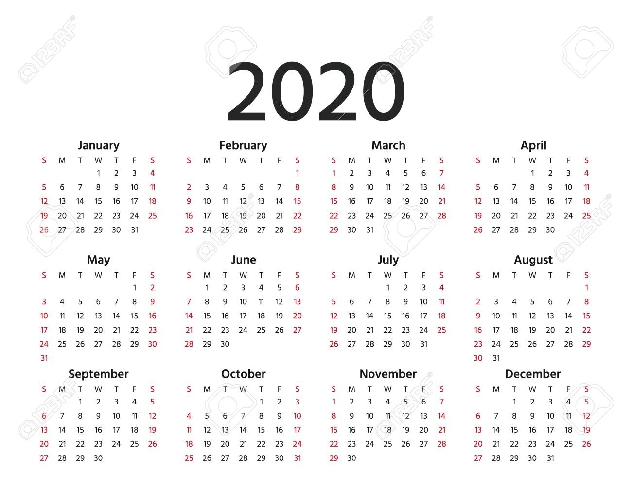 Calendar 2020 In Simple Style. Vector. Stationery 2020 Year Template..