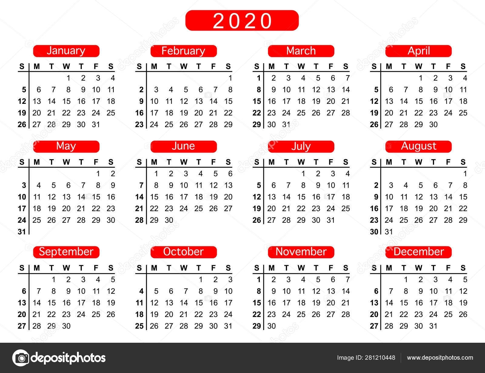 Calendar 2020 Week Starts Sunday Basic Business Template