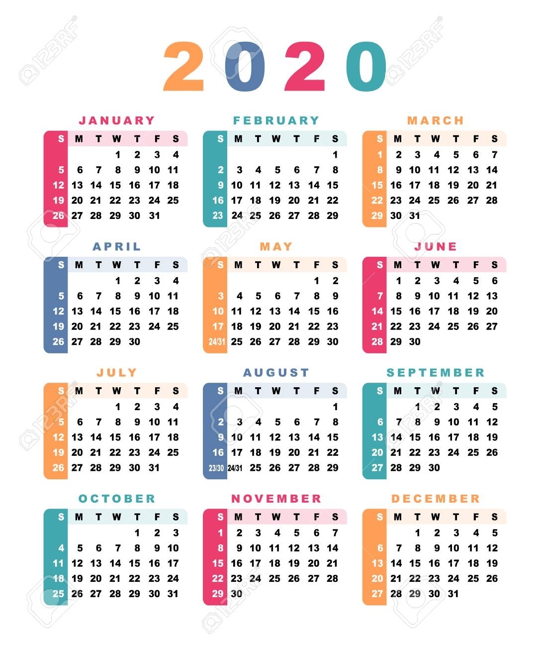 Calendar 2020 (Week Starts With Sunday). Vector Illustration.