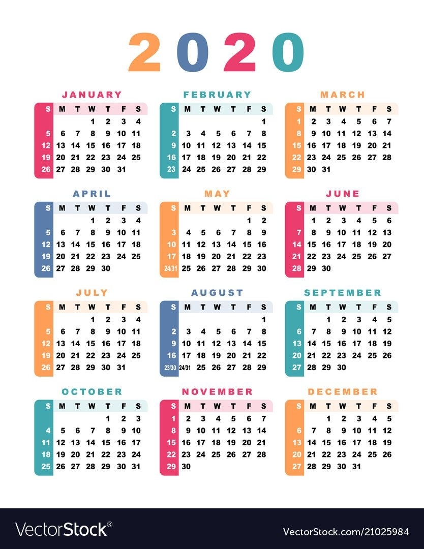 Calendar 2020 Week Starts With Sunday Vector Image On