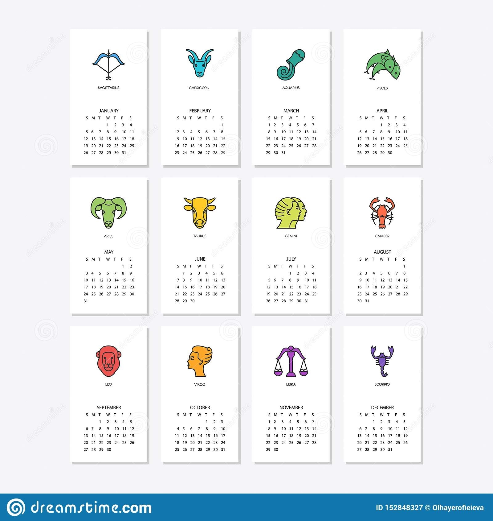 Calendar 2020 With Horoscope Signs Zodiac Symbols Set Stock