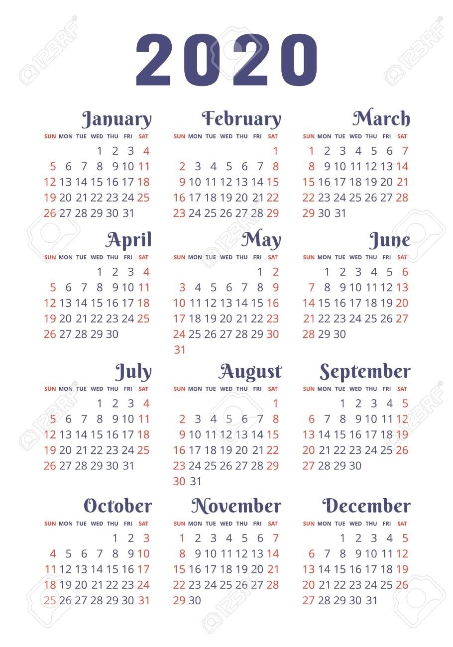 Calendar 2020 Year. Vector Design Template. English Vertical