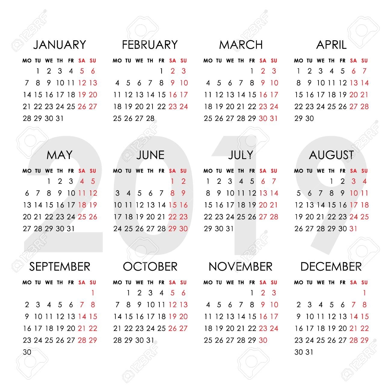 Calendar For 2019 Year Isolated On A White Background. Week Starts..