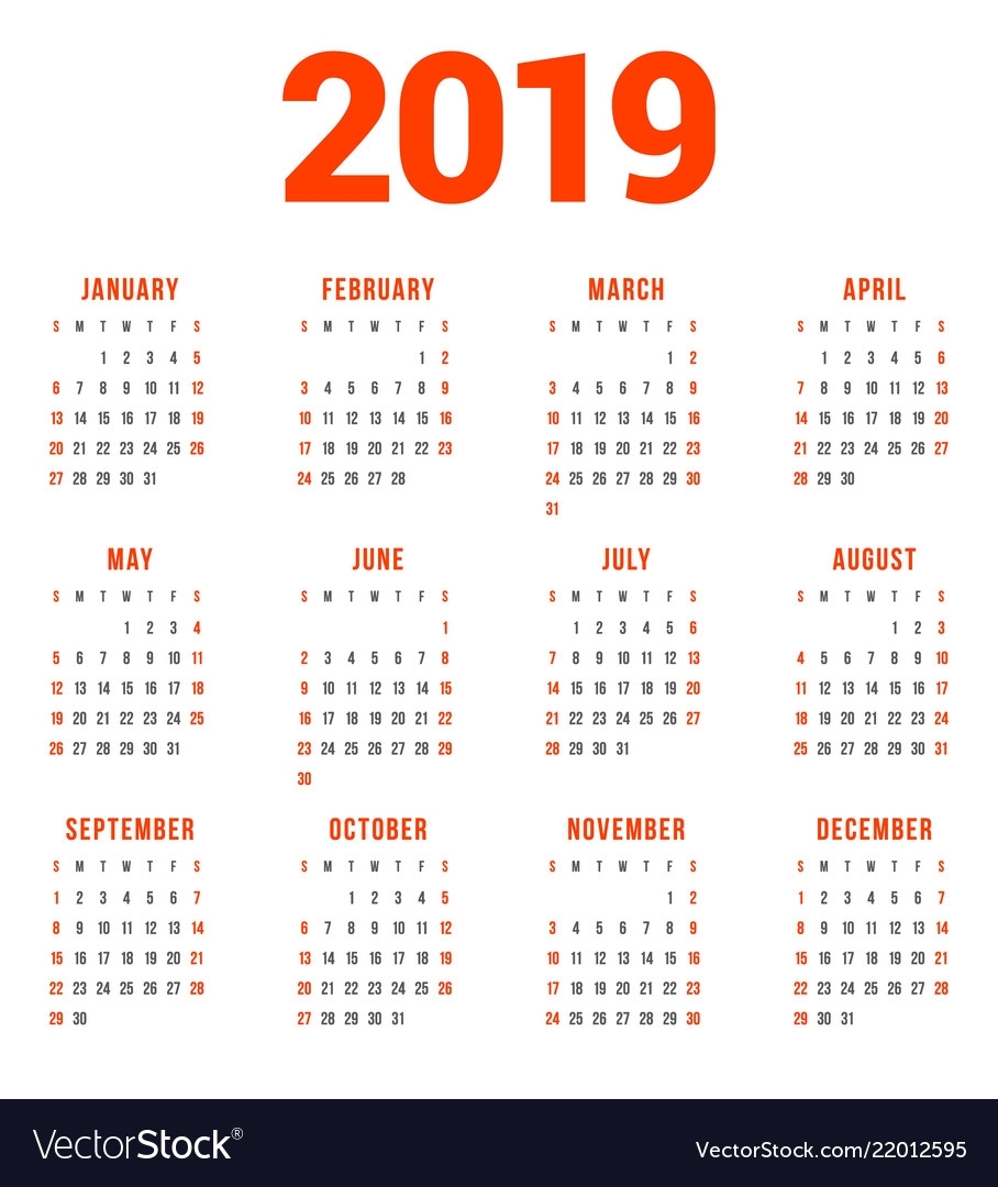 Calendar For 2019 Year On White Background Week
