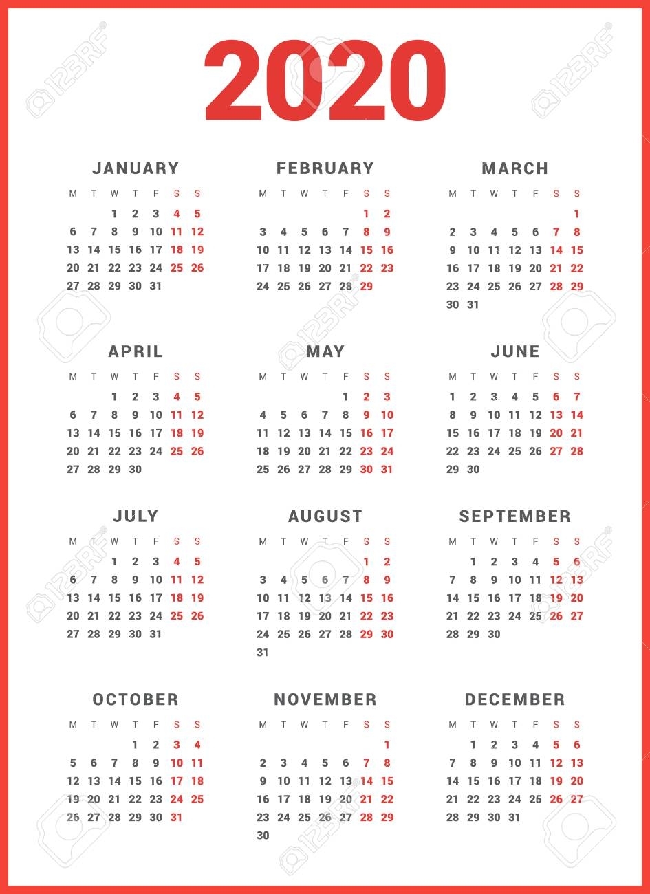 Calendar For 2020 Year On White Background. Week Starts Monday