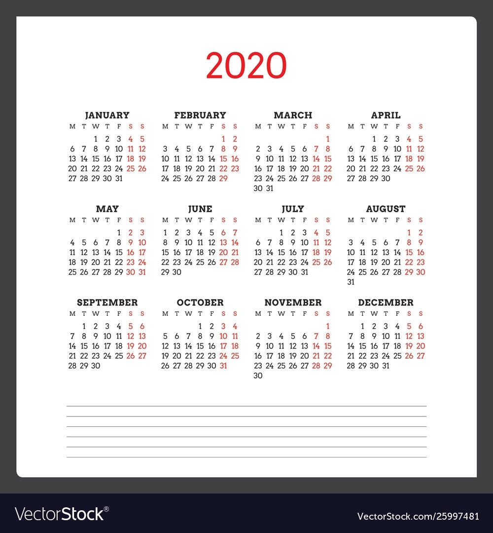 Calendar For 2020 Year Week Starts On Monday