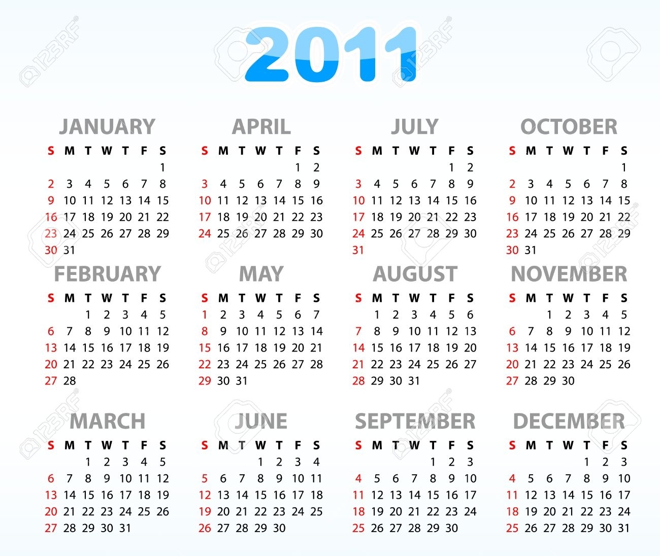 Calendar Grid 2011 Year English