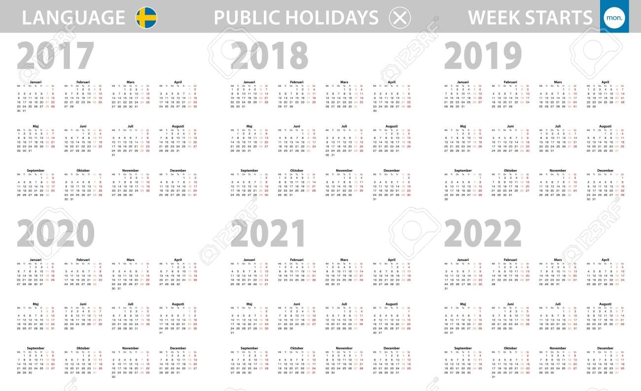 Calendar In Swedish Language For Year 2017, 2018, 2019, 2020,..