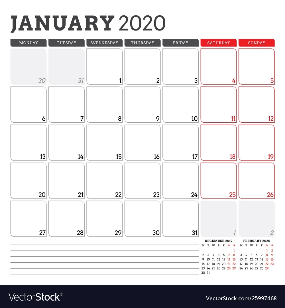 Calendar Planner For January 2020 Week Starts On