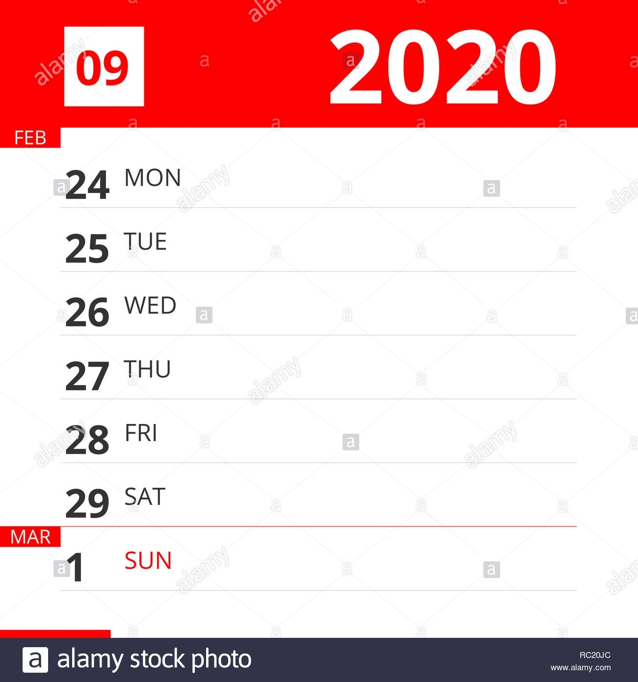 Calendar Planner For Week 09 In 2020, Ends March 1, 2020