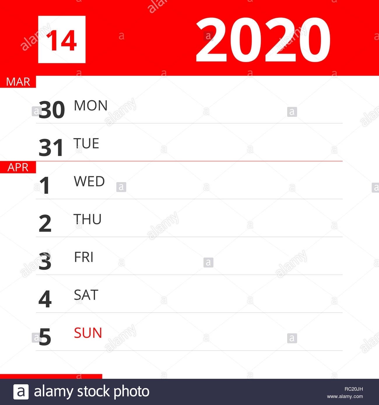 Calendar Planner For Week 14 In 2020, Ends April 5, 2020