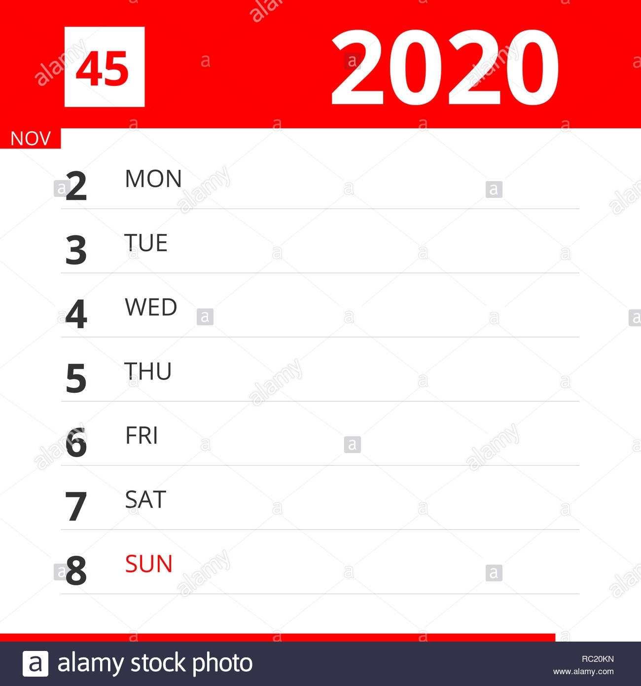 Calendar Planner For Week 45 In 2020, Ends November 8, 2020