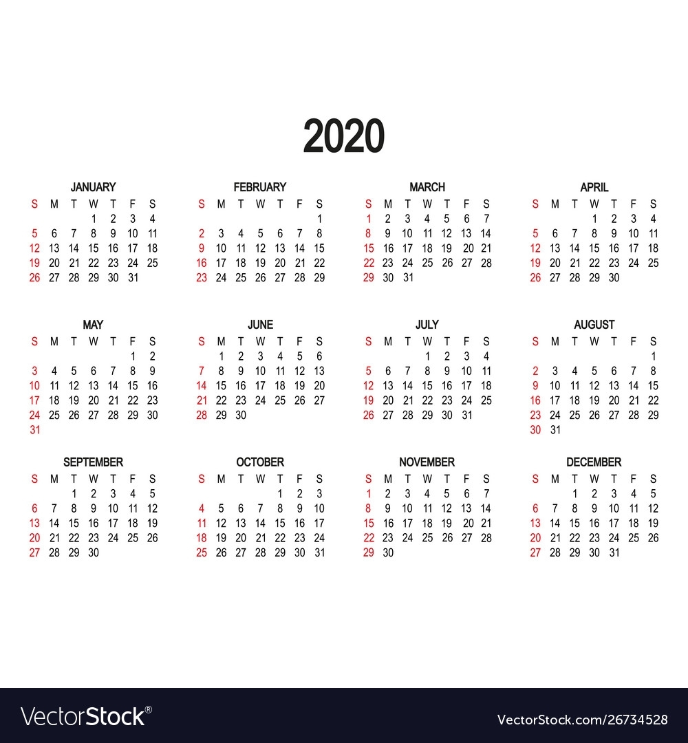 Calendar Template 2020 Day Week Starts