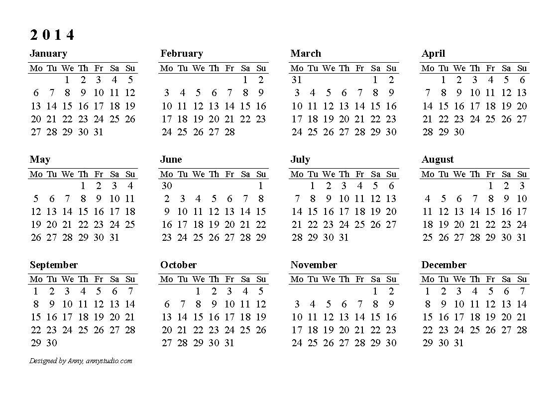 Calendarlabs 2014 | Free Printable Yearly Calendar | Online