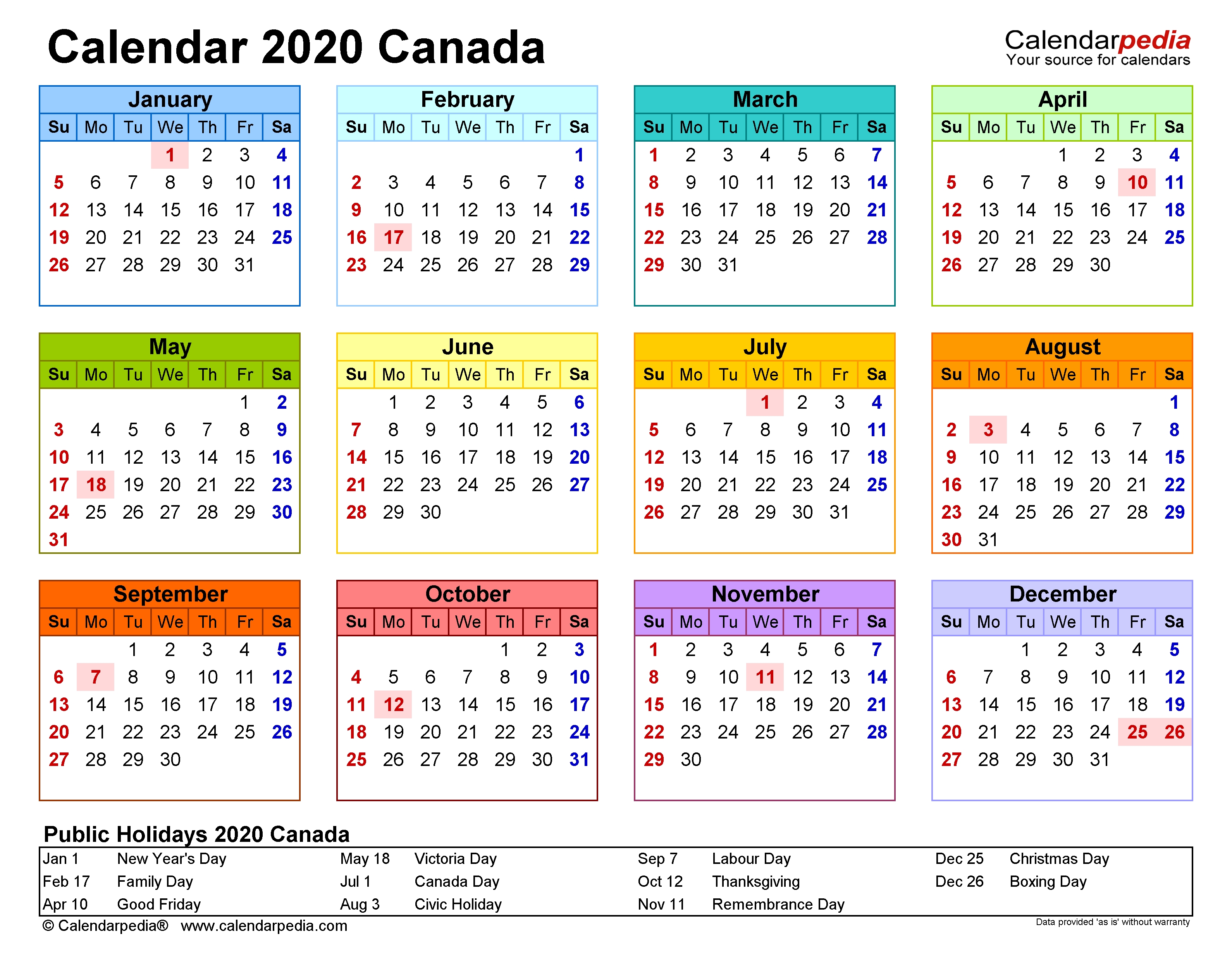Canada Calendar 2020 - Free Printable Pdf Templates