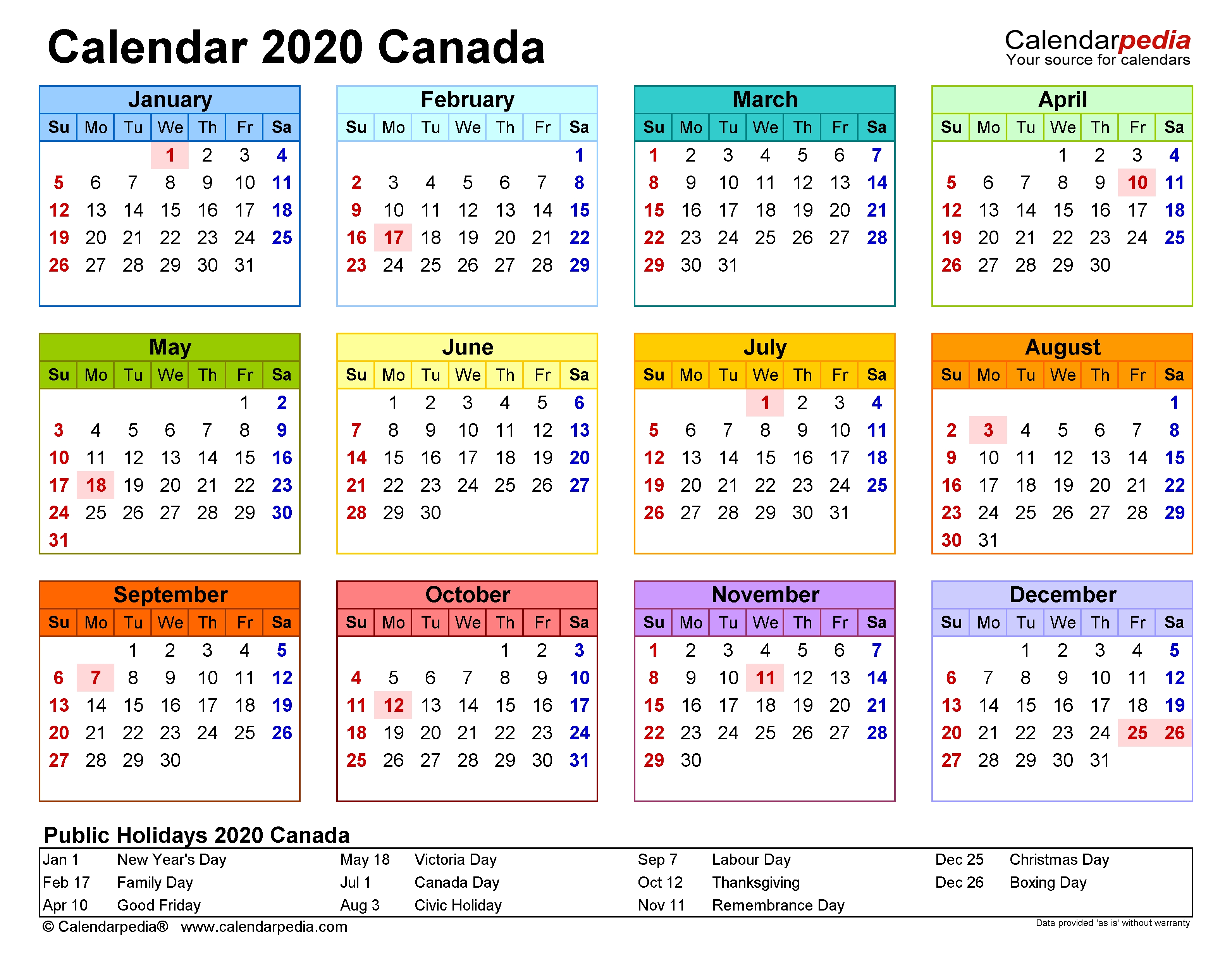 Canada Calendar 2020 - Free Printable Word Templates