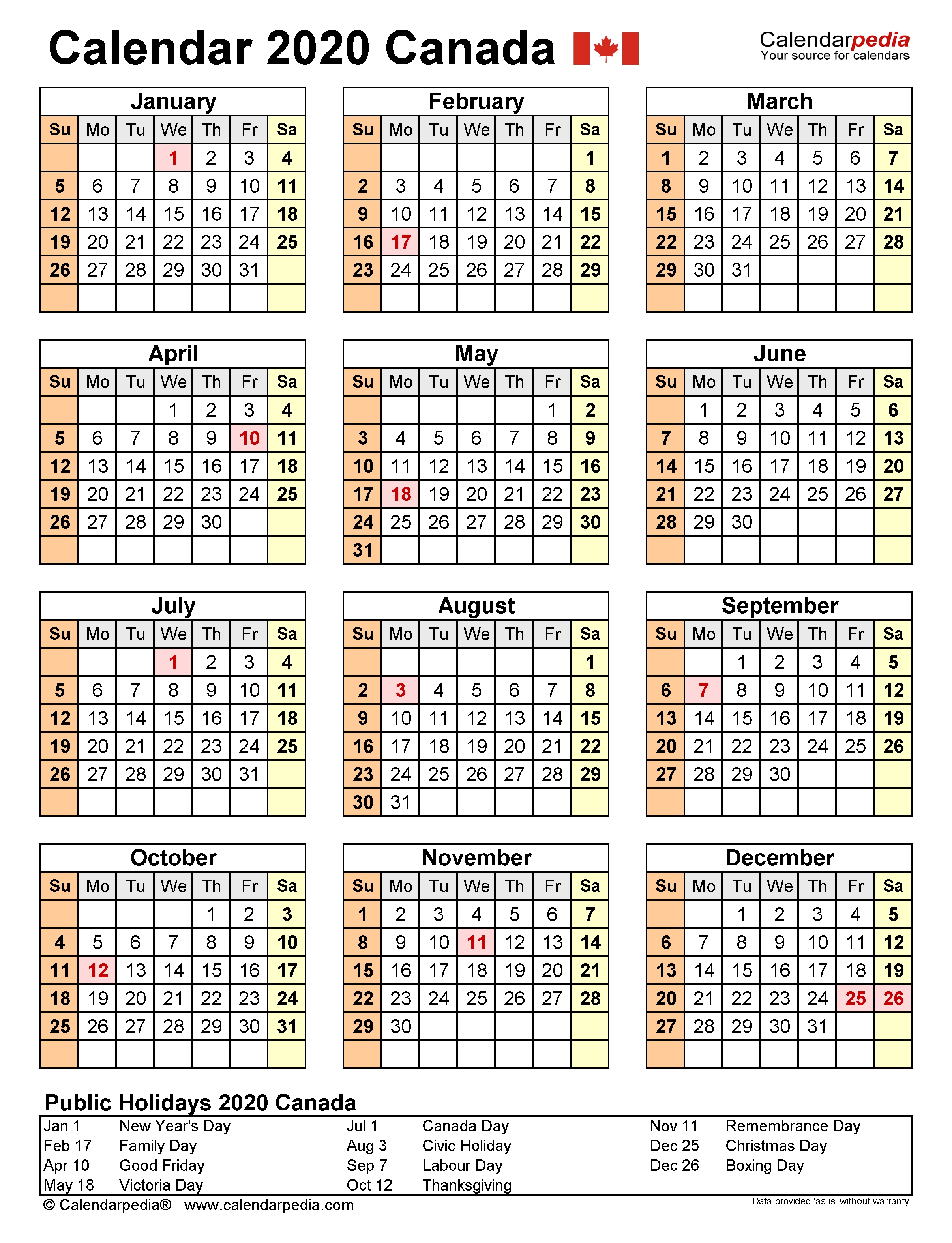 Canada Calendar 2020 - Free Printable Word Templates