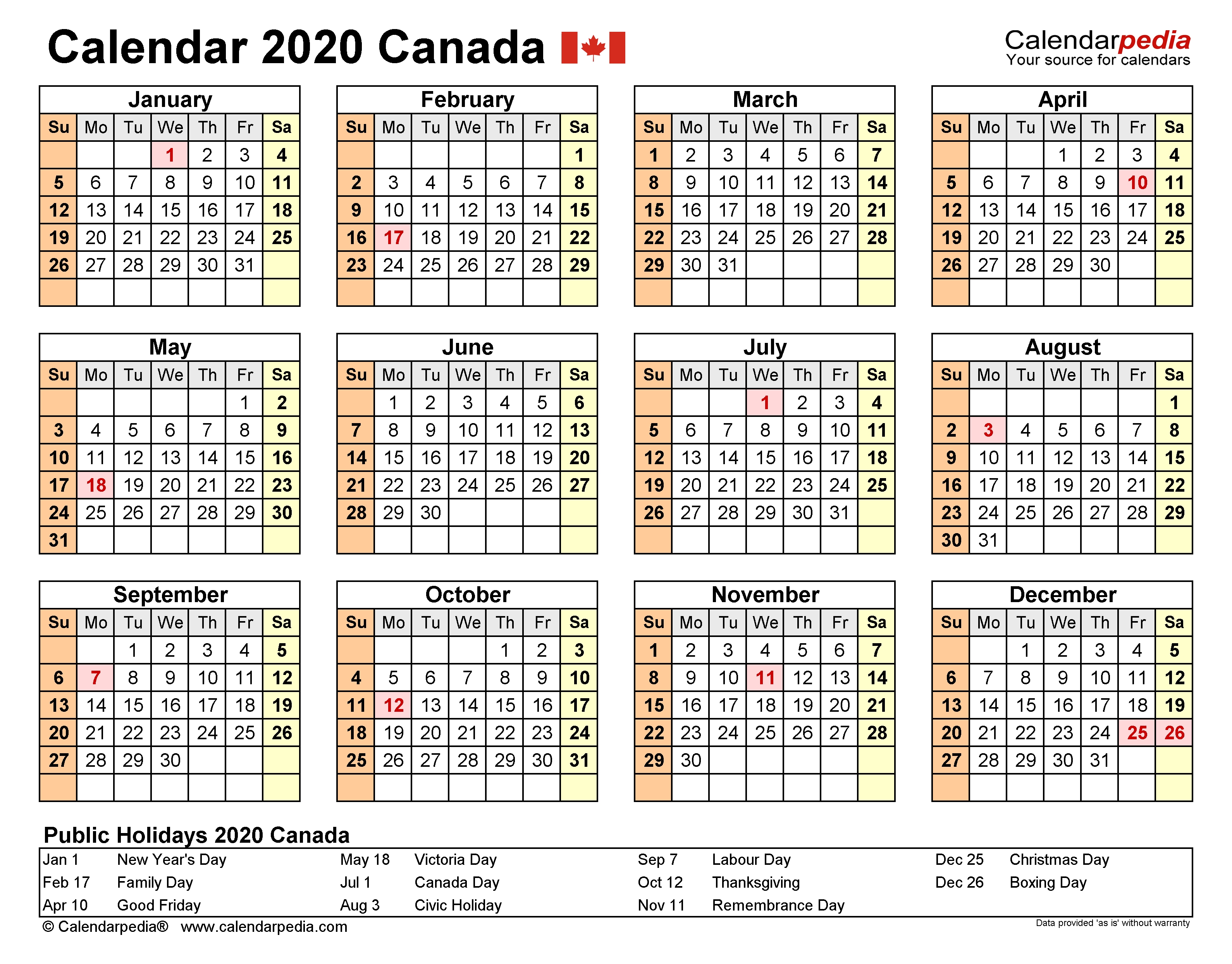 Canada Calendar 2020 - Free Printable Word Templates