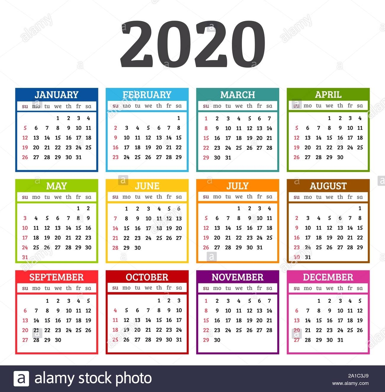 Colorful Calendar 2020 Year. Week Starts From Sunday. Vector