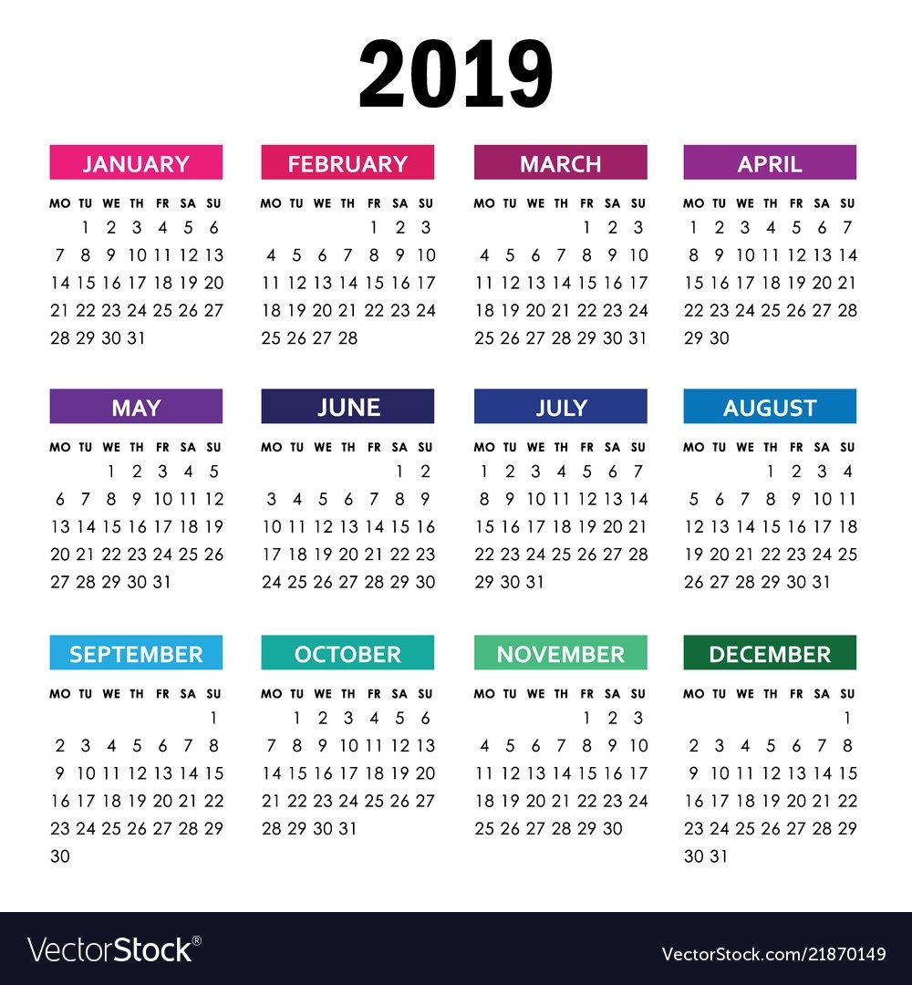 Colorful Calendar For 2019 Year Week Starts