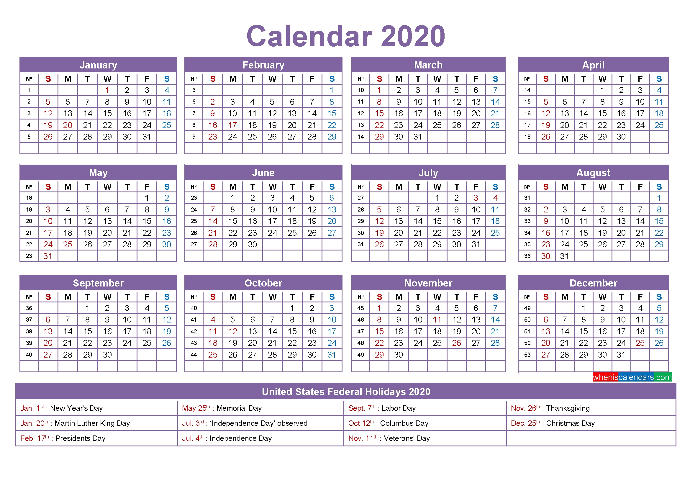 Computer Desktop Calendar 2020 With Holidays | Free
