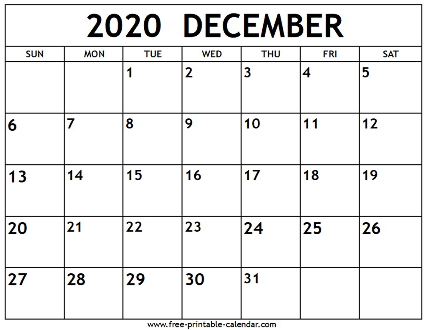 December 2020 Calendar Printable - Printable World Holiday