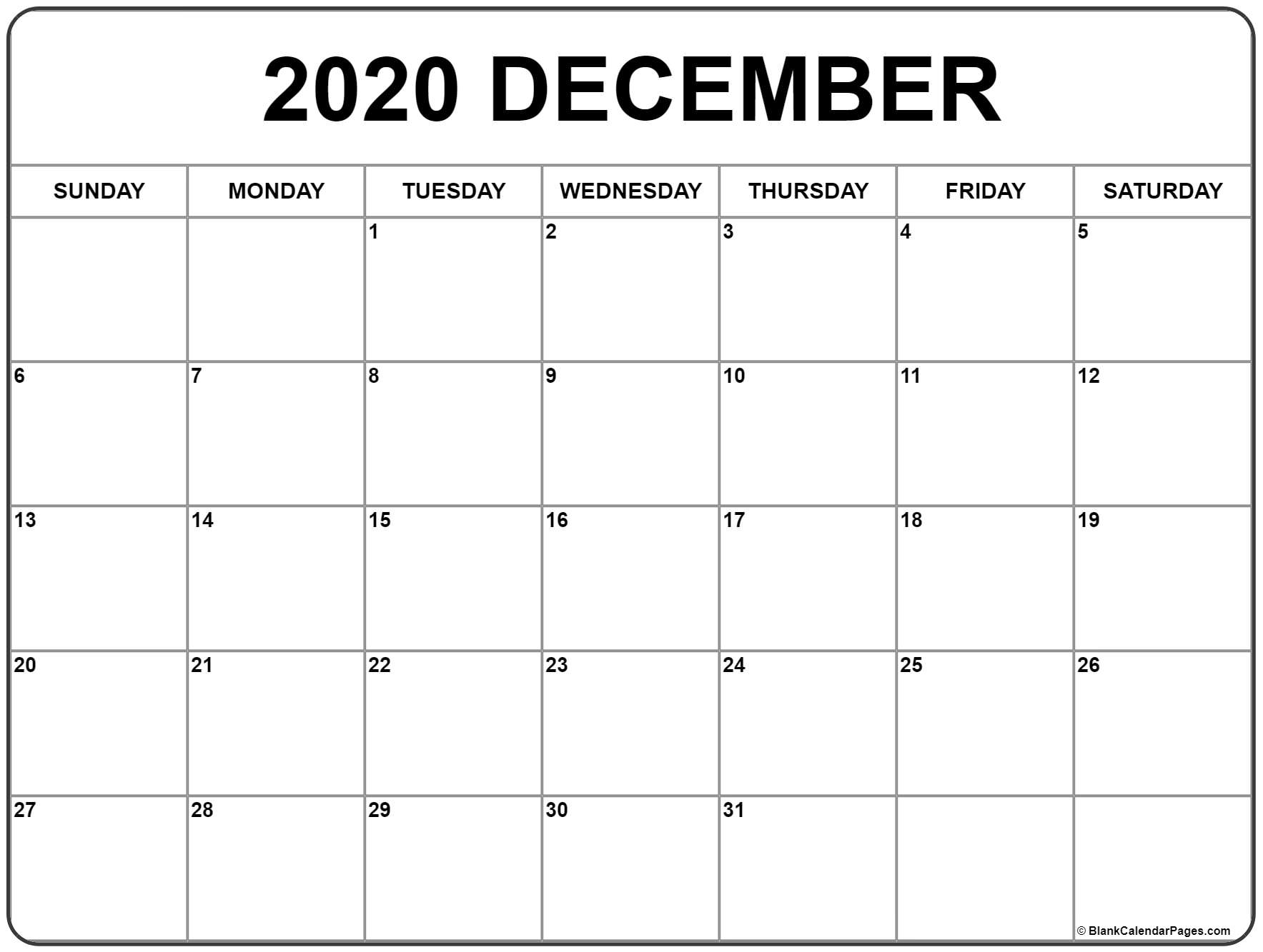 December 2020 Calendar | Free Printable Monthly Calendars