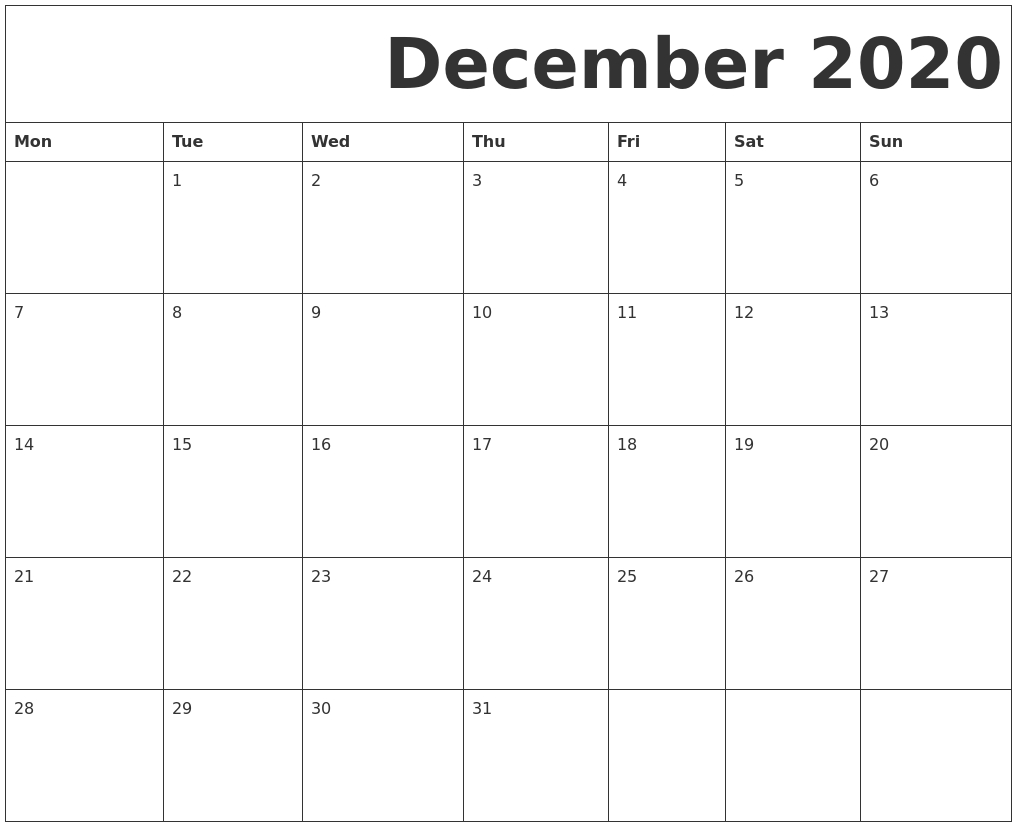 December 2020 Free Printable Calendar