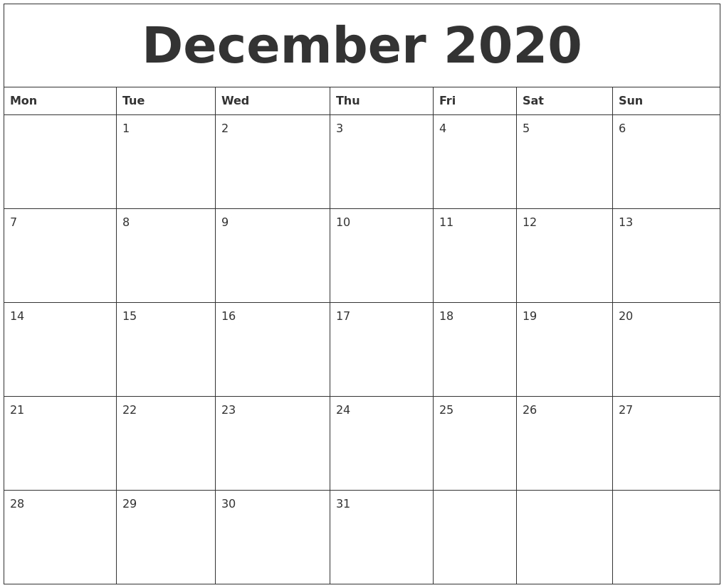 December 2020 Large Printable Calendar