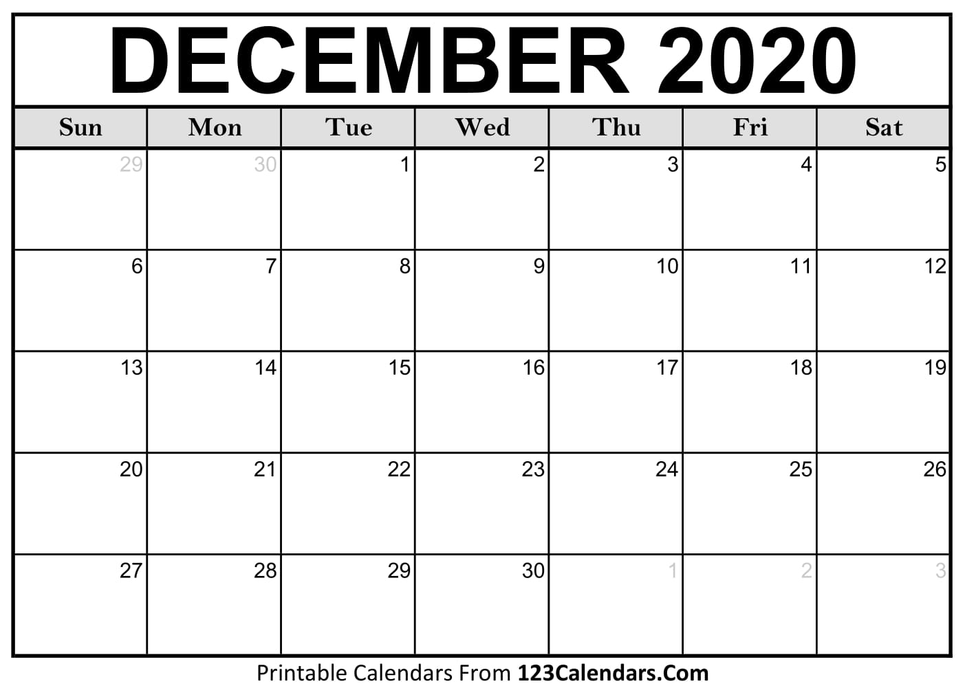 December 2020 Printable Calendar | 123Calendars