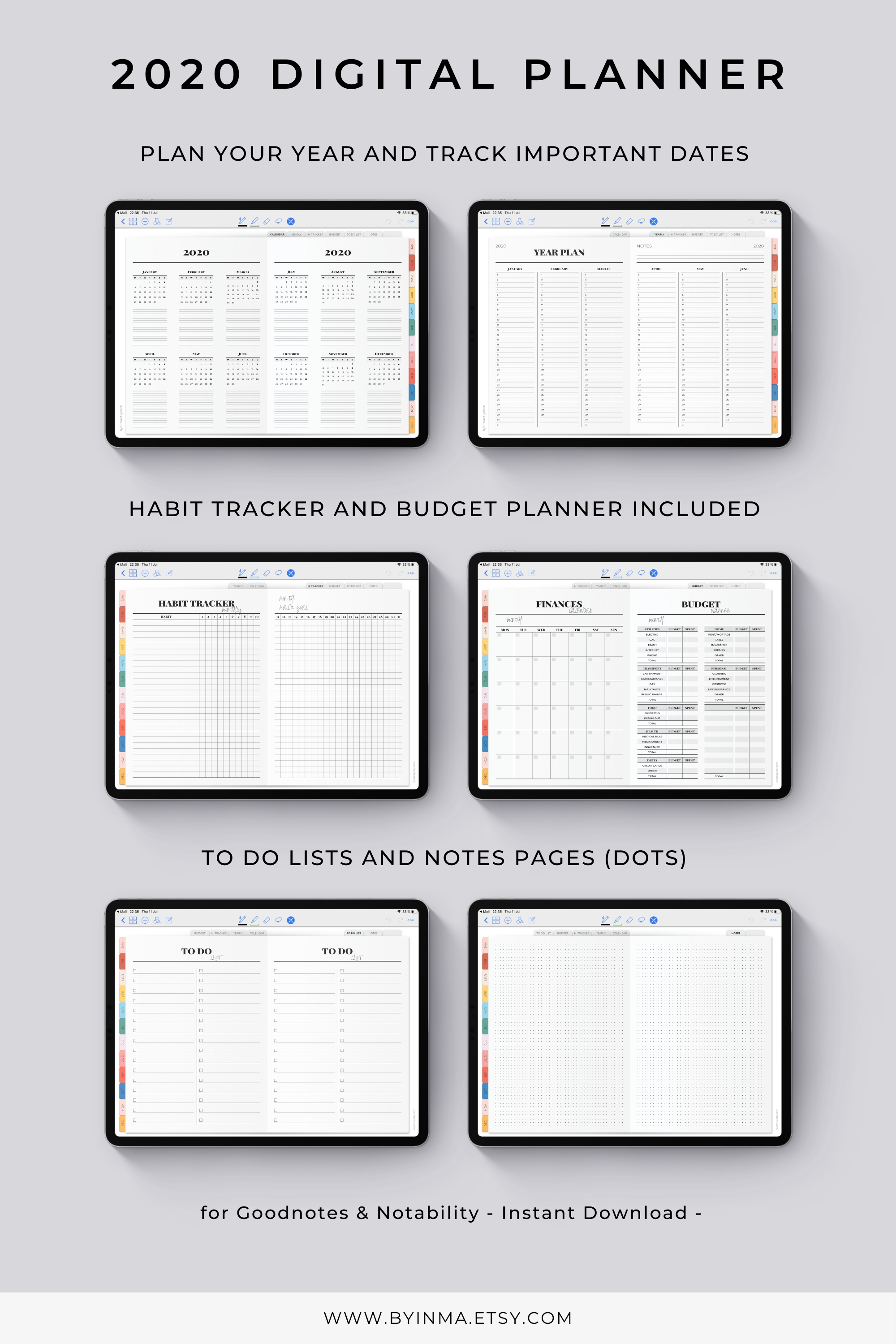 Digital Planner Hourly 2020, Goodnotes Template, Planner