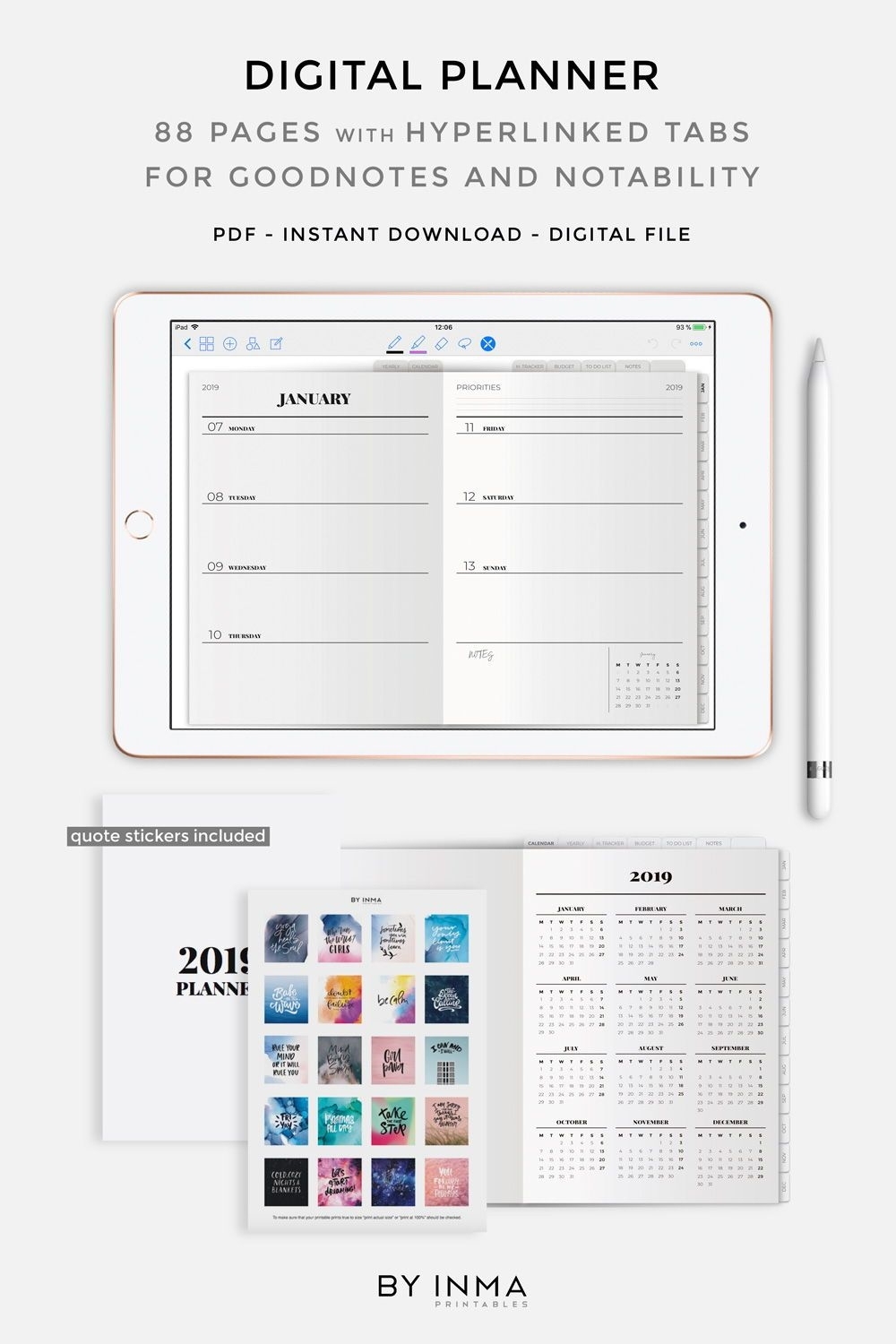 Digital Planner Minimalist, Goodnotes Template, 2019 Planner