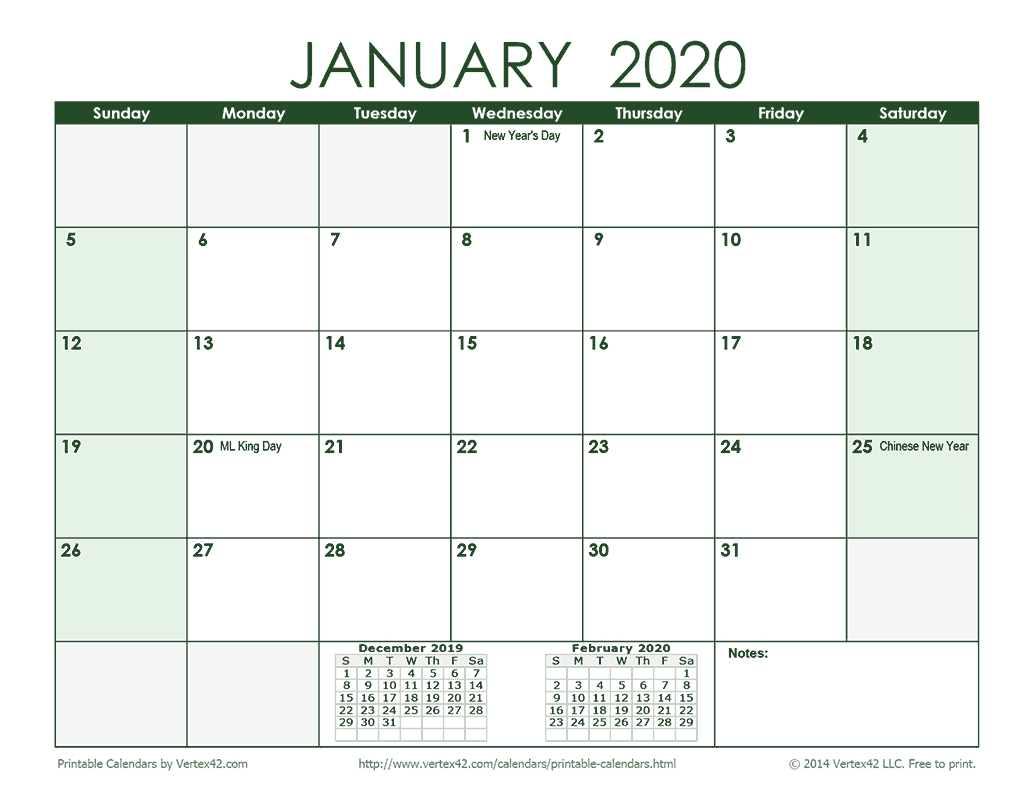 Download A Free 2020 Monthly Calendar - Green From Vertex42